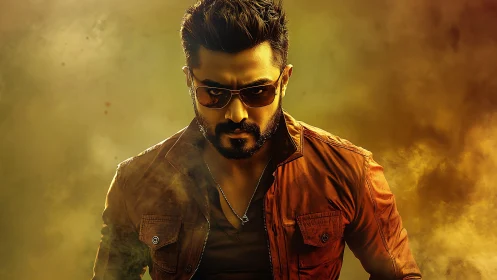 Stylized portrait of man in sunglasses and brown jacket.