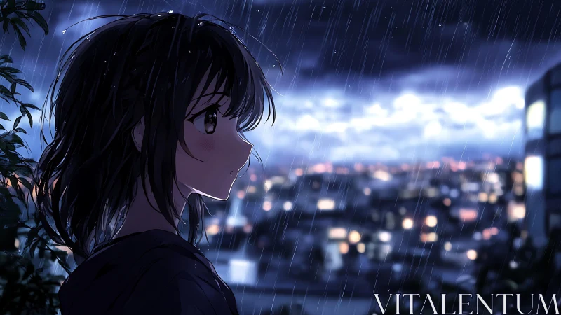Pensive anime girl gazes over a rainy neon city night