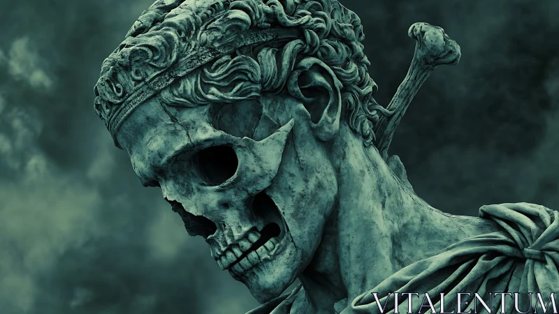 Crumbling skeletal statue king gazes into a stormy void