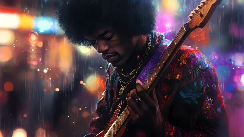 Soulful guitarist in neon rain channels intimate night groove