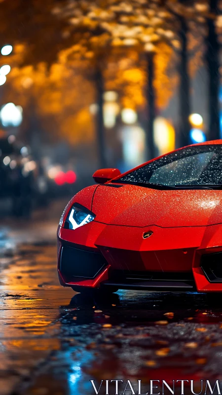 Red Lamborghini on wet city street under night lights.