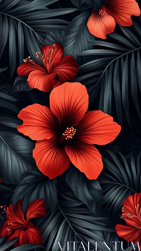 Red Hibiscus Flowers on Dark Striped Foliage.