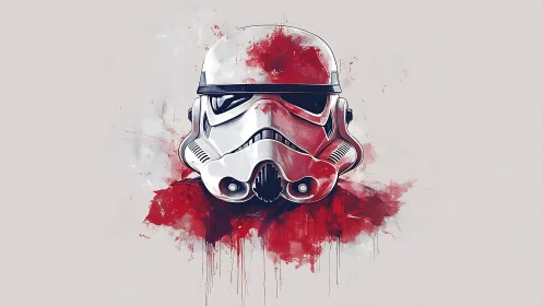 Stormtrooper helmet emerges from bold red paint splashes.