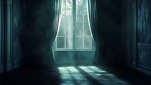 Moonlit window floods an empty, misty room with silence