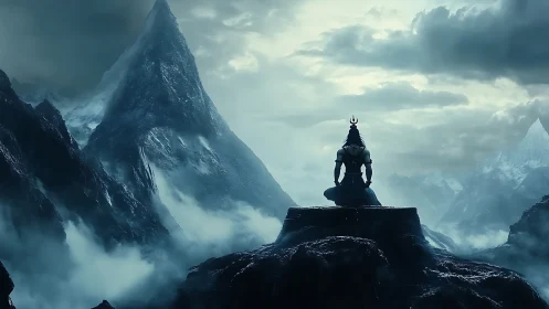 Solitary ascetic silhouette before glacial storm peak horizon