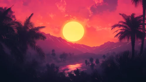 Tropical river valley with large sun over distant hills.