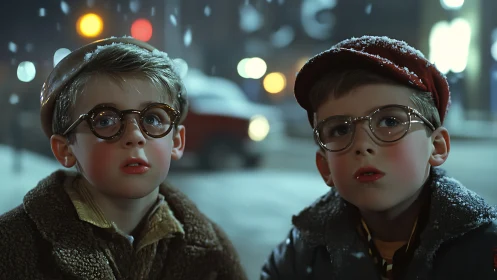 Two bespectacled boys gaze upward in snow-covered winter night scene.