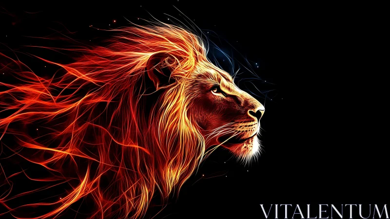 Flaming neon lion profile in luminous digital abstraction.