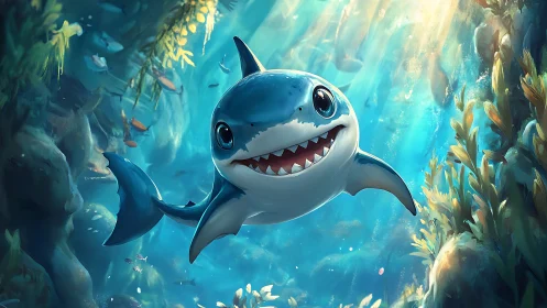 Cartoon shark with large eyes swims through sunlit kelp forest