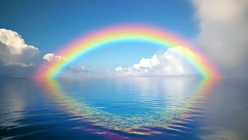 Rainbow arc over calm ocean surface with cloud backdrop.