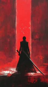 Silhouetted warrior before crimson portal in stark chiaroscuro.