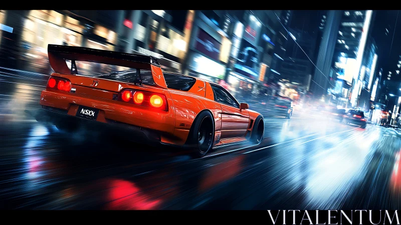 Orange NSX night sprint through neon-soaked city streets.