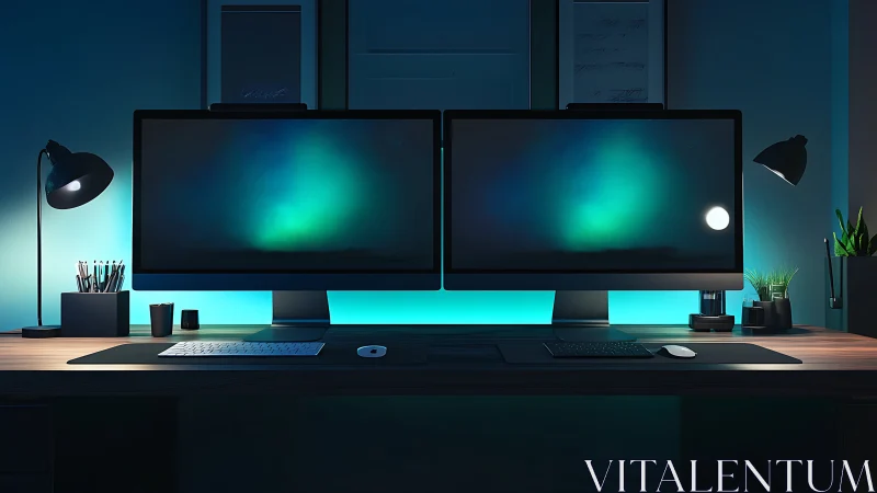 Dual-monitor RGB workstation with symmetrical ambient lighting design