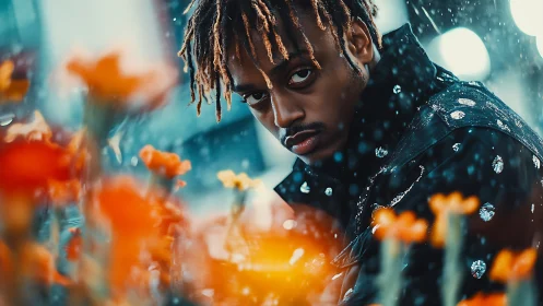 Rain-soaked urban portrait isolates subject amid bokeh blooms