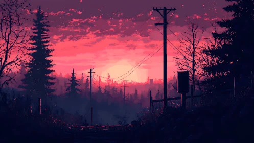 Moody forest road glows beneath a neon pink pixel sunset