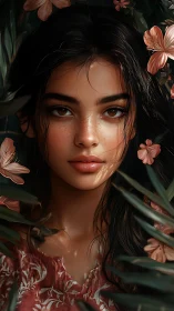 Floral portrait of freckled woman in dappled sunlight.