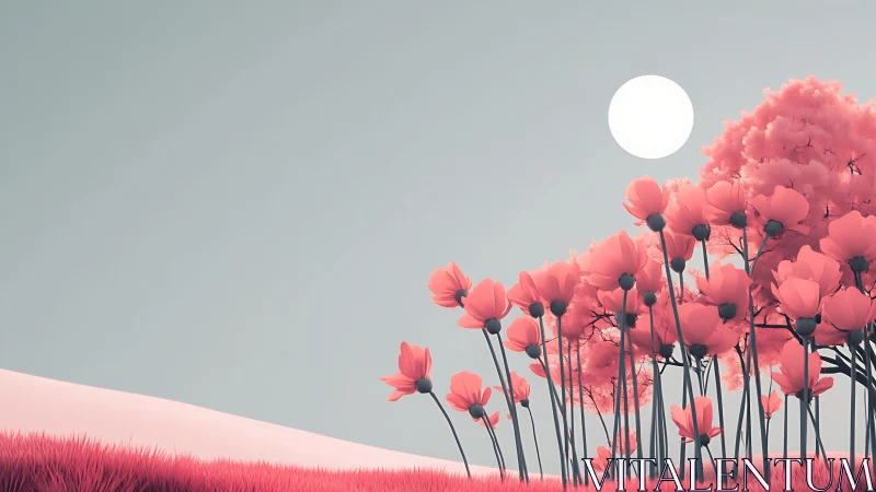 Minimalist pink meadow under high sun uses stylized contrast