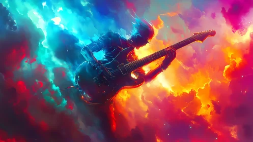 Celestial shredder riffing through neon storm clouds of sound.