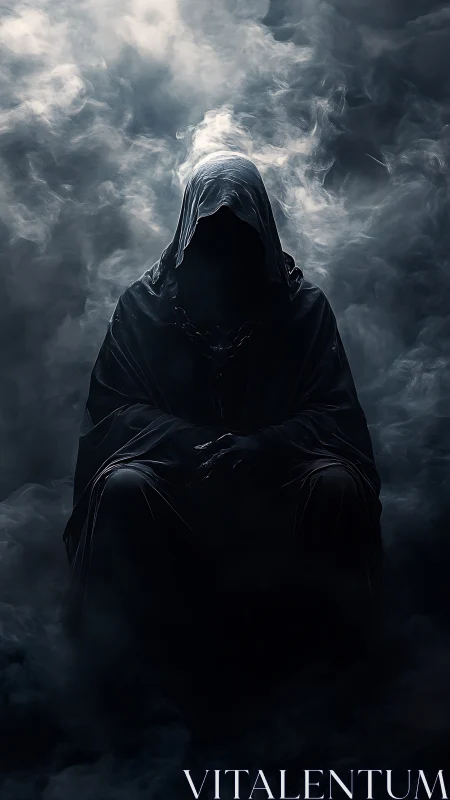 Shrouded wraith seated in swirling monochrome mistscape.