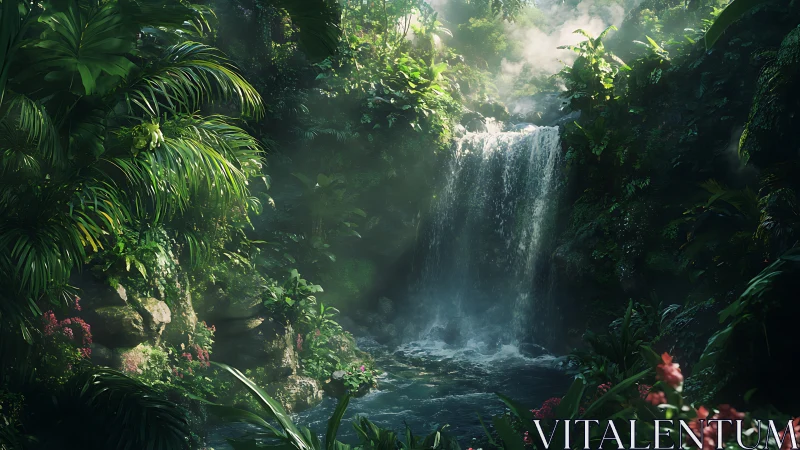 Dense tropical waterfall within humid forest basin.