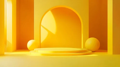 Monochrome yellow 3D arch stage with geometric sphere props