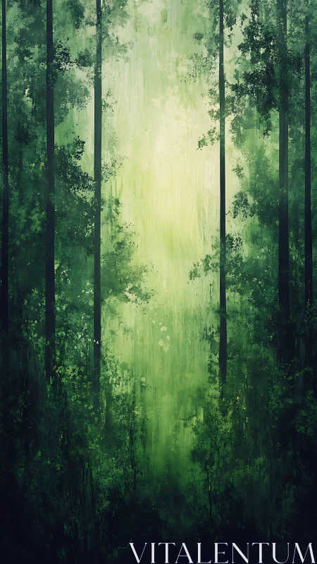 Ethereal Forest Passage with Luminous Canopy Opening