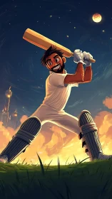 Cricketer lifts bat under glowing twilight sky in triumph
