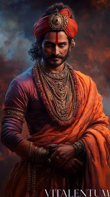 Regal warrior portrait in ornate traditional attire and jewels.