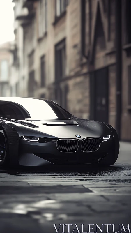 Sleek black BMW concept car on wet cobblestone street.