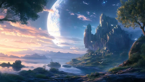 Fantasy landscape with massive moon over crystalline structure.