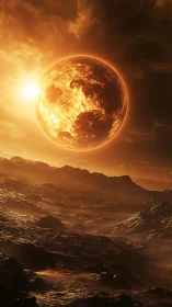 Molten planet hovers above rocky horizon under dense clouds