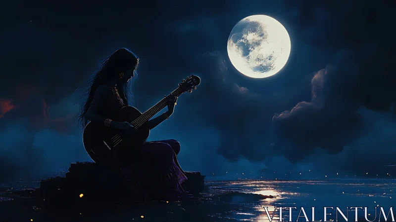Moonlit shore silhouette with woman playing guitar at dusk.