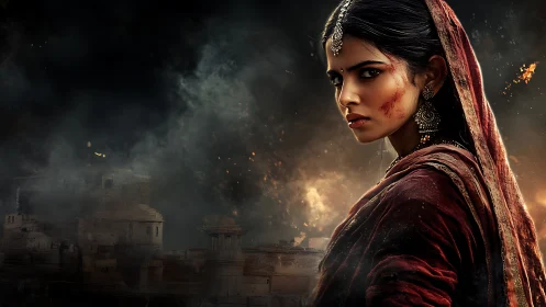 Battle-scarred warrior woman stares defiantly amid burning city