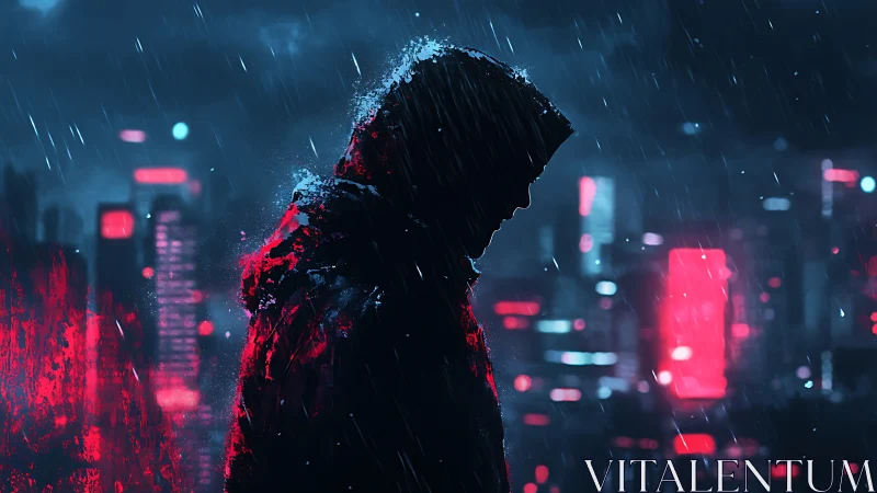 Hooded figure in neon rain against cyberpunk cityscape.