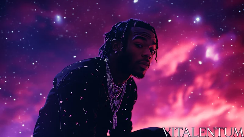 Portrait of person in starfield with magenta nebula sky.