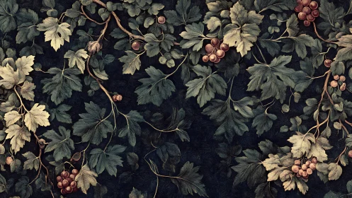 Vine-laced twilight drifts across a painterly orchard wall