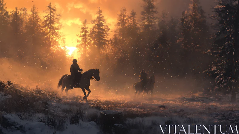 Cowboys ride through winter forest at blazing sunset.