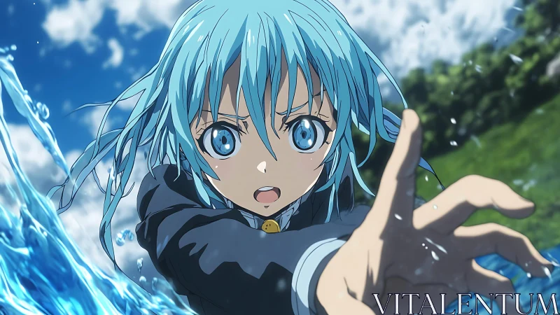 Blue haired anime hero controlling water in dynamic surge.