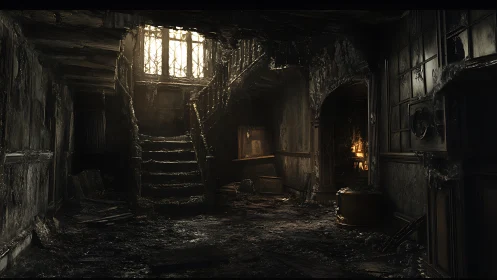 Abandoned building interior with decay, rust, and natural light through broken windows