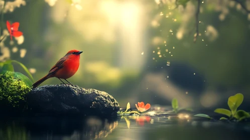 Vivid Red Bird on Mossy Rock in Dreamy Nature Scene, Soft Focus.