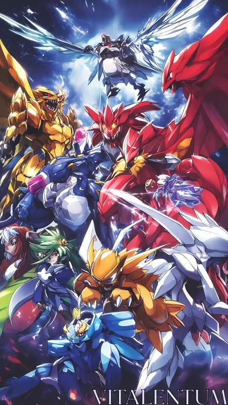 Vertical anime mecha ensemble with dynamic chromatic lighting.