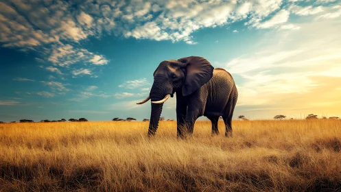 African elephant in golden savanna under dramatic sunset sky.