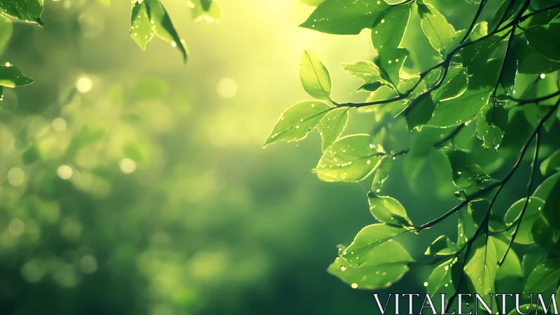 Morning dew orchestra on sunlit emerald garden leaves.