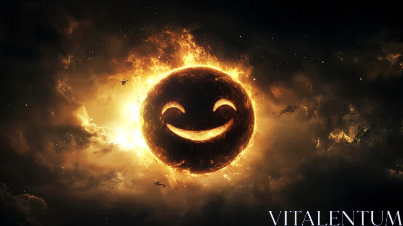 Smiling molten sun-face blazes within dark cosmic clouds