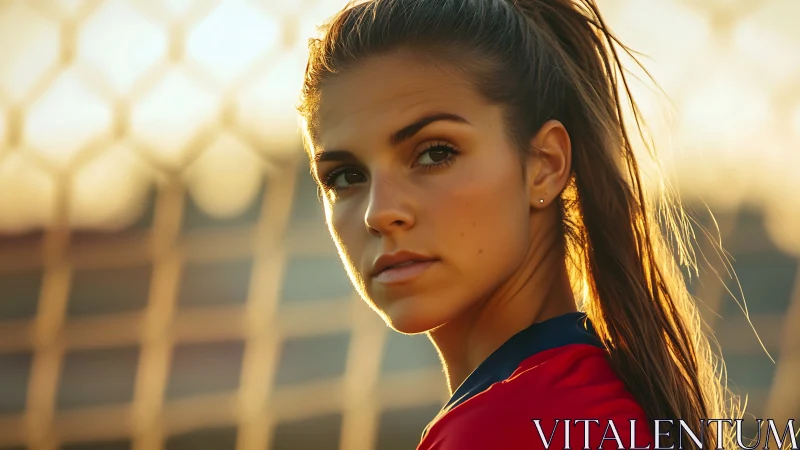 Focused female soccer player stands near goal at sunset