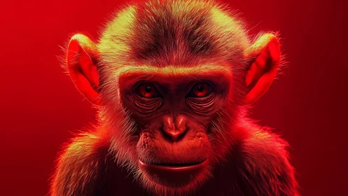 Hyperreal primate portrait under saturated red key light.