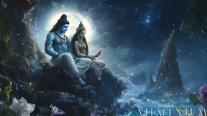 Moonlit divine couple resting above a starlit river kingdom.