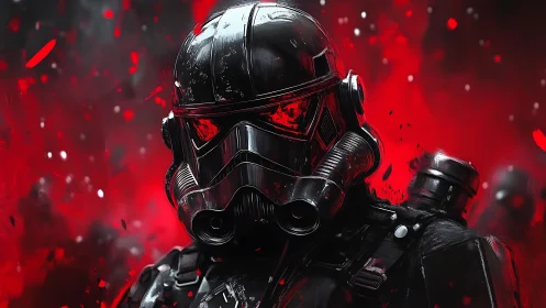 Armored sci fi soldier amid intense red energy field.