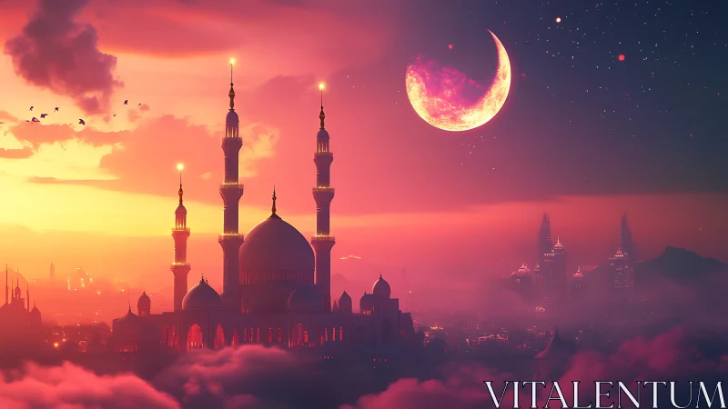 Crimson crescent moon over luminous mosque skyline at dusk