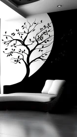 Calm black and white lounge with graceful tree wall art.
